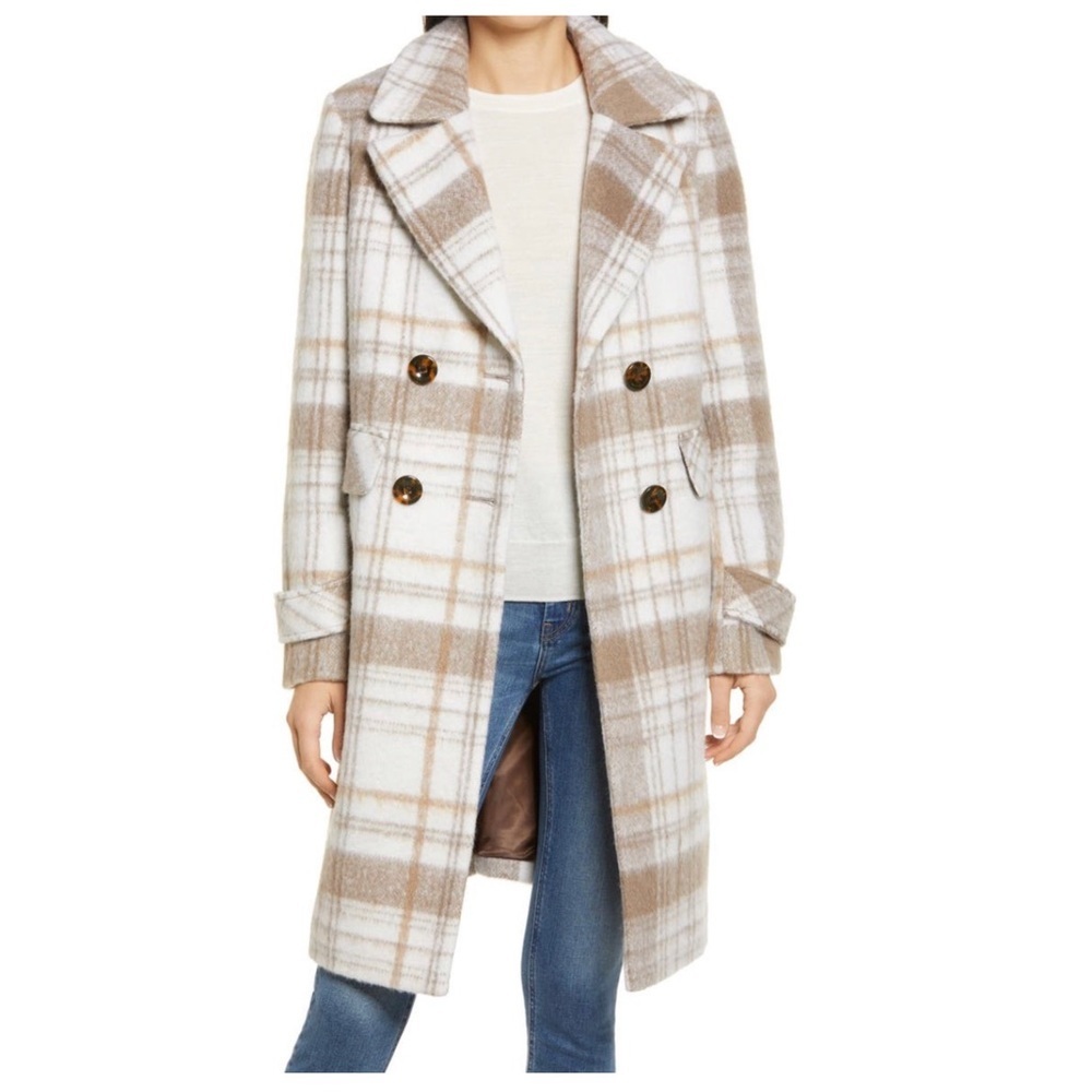 Sam Edelman Plaid Wool Blend Double Breasted Long Coat Tan NWT 14
